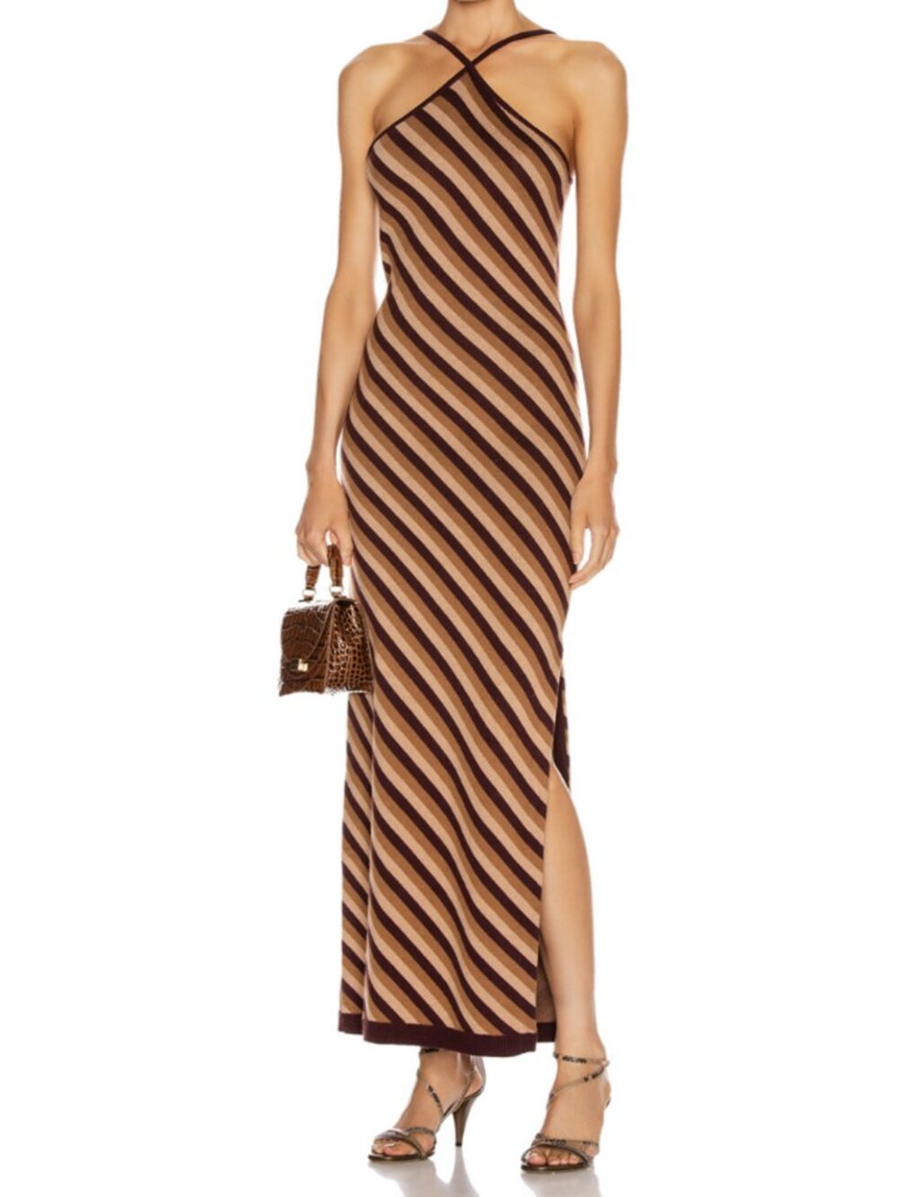 STAUD, Small, Halter Striped Brown Maxi Dress
